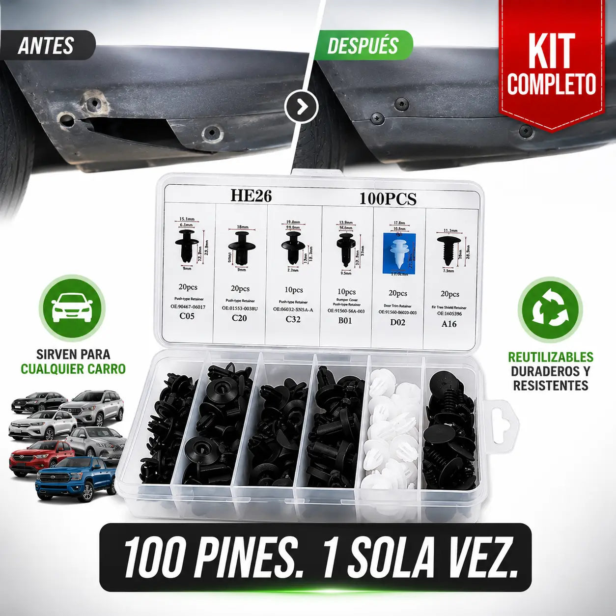 KIT DE PINES TORNILLOS PLASTICOS CARROCERIA X 100 PIEZAS