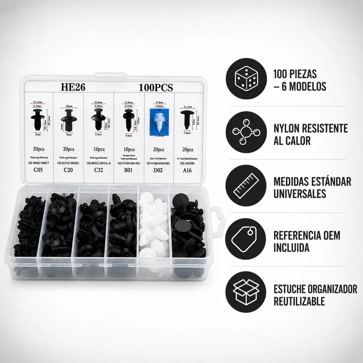 KIT DE PINES TORNILLOS PLASTICOS CARROCERIA X 100 PIEZAS