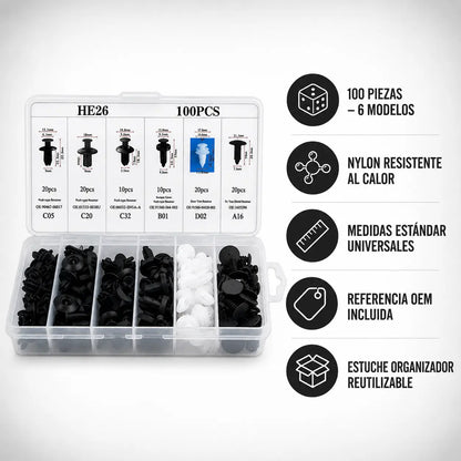 KIT DE PINES TORNILLOS PLASTICOS CARROCERIA X 100 PIEZAS
