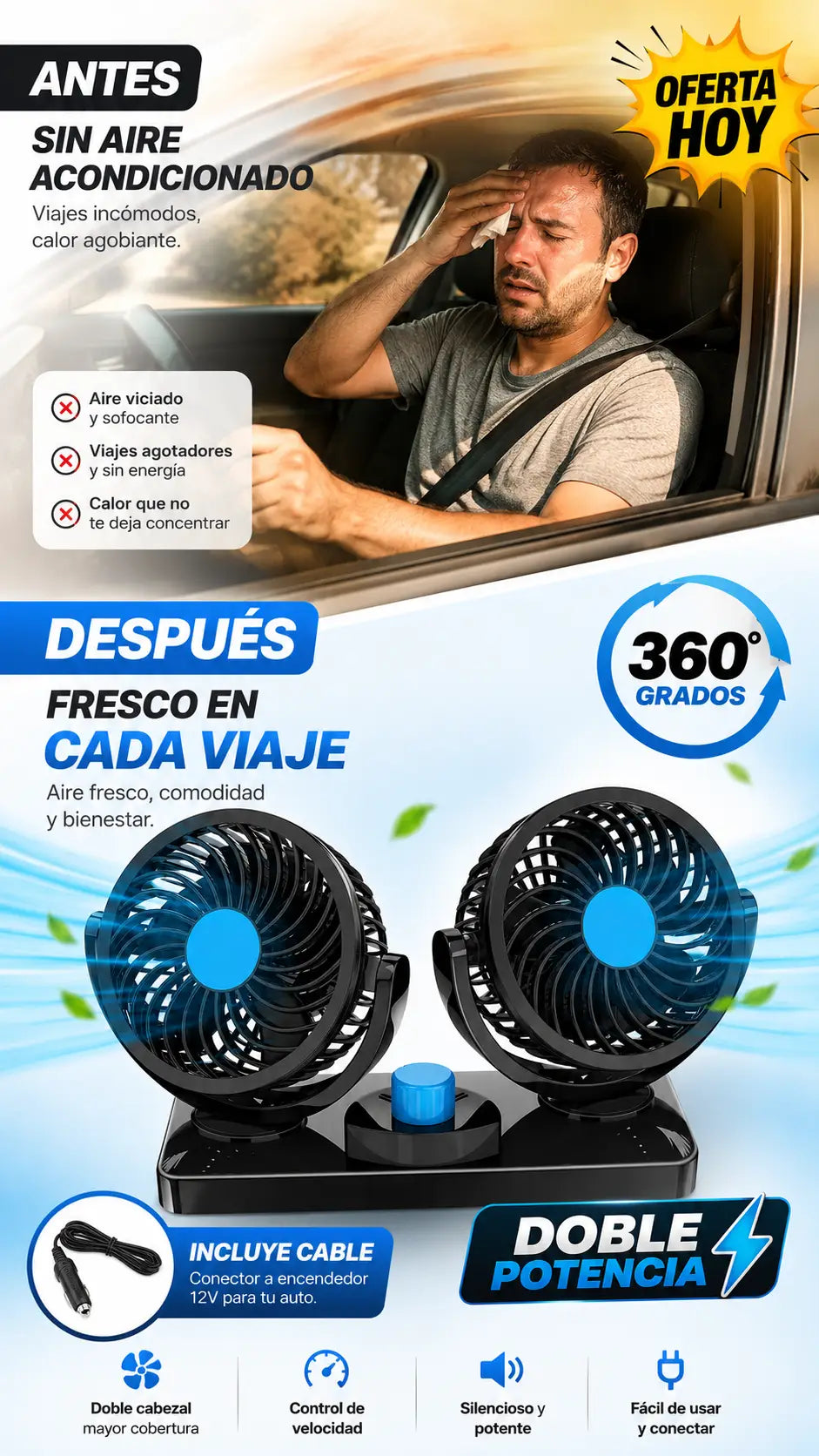Ventilador doble para Auto - Incluye cable y Envío Gratis🎁